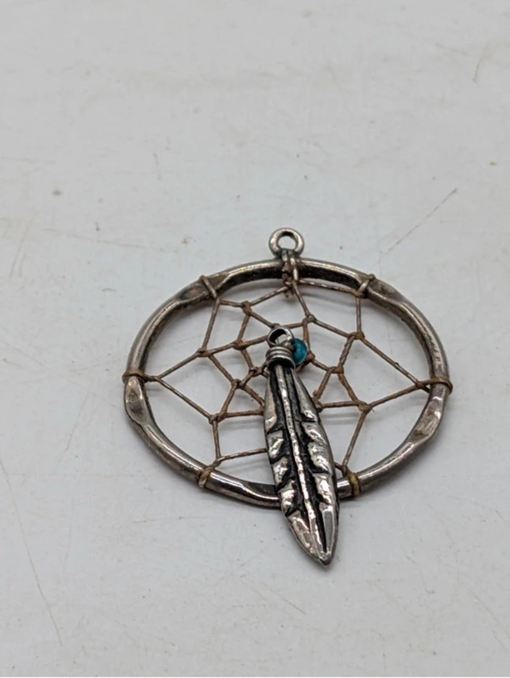 Vintage Sterling Dreamcatcher Pendant Feather Turquoise Bead